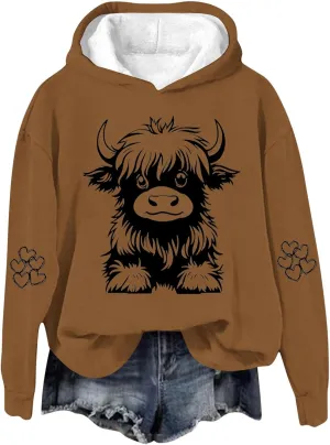 Women's Hoodies Cute Cow Graphic Heart Print Long Sleeve Hooded Pullover Warm Fleece Lined Sweatshirts