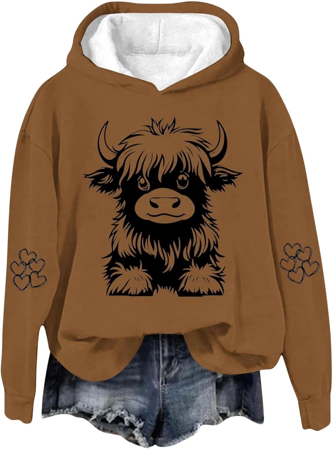 Women's Hoodies Cute Cow Graphic Heart Print Long Sleeve Hooded Pullover Warm Fleece Lined Sweatshirts