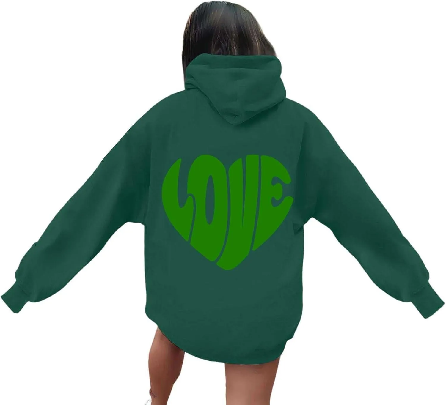 Women's Hoodies Heart Print Graphic Long Sleeve Oversized Sweatshirts Drawstring Pullover Top with Pockets