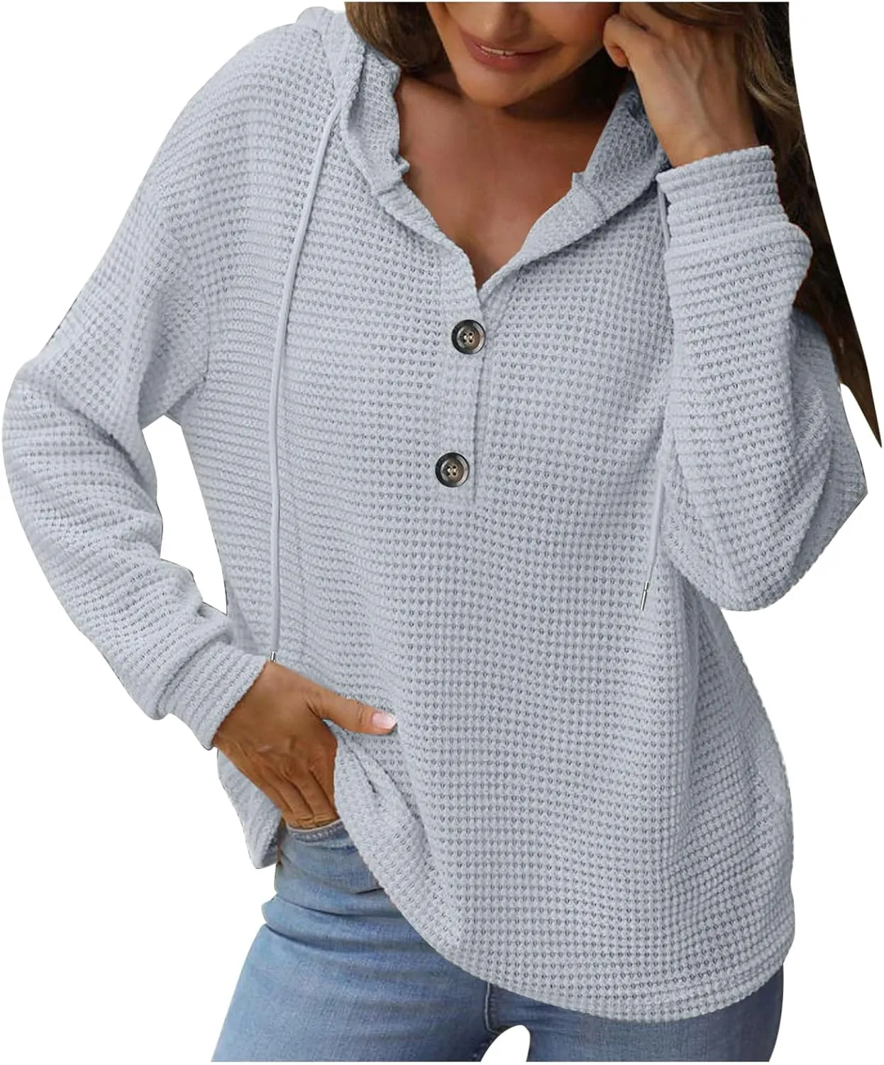Women's Hoodies Waffle Knit Tops Drawstring Hoodie Casual Button V Neck Long Sleeve Hooded Sweatshirt Pullover