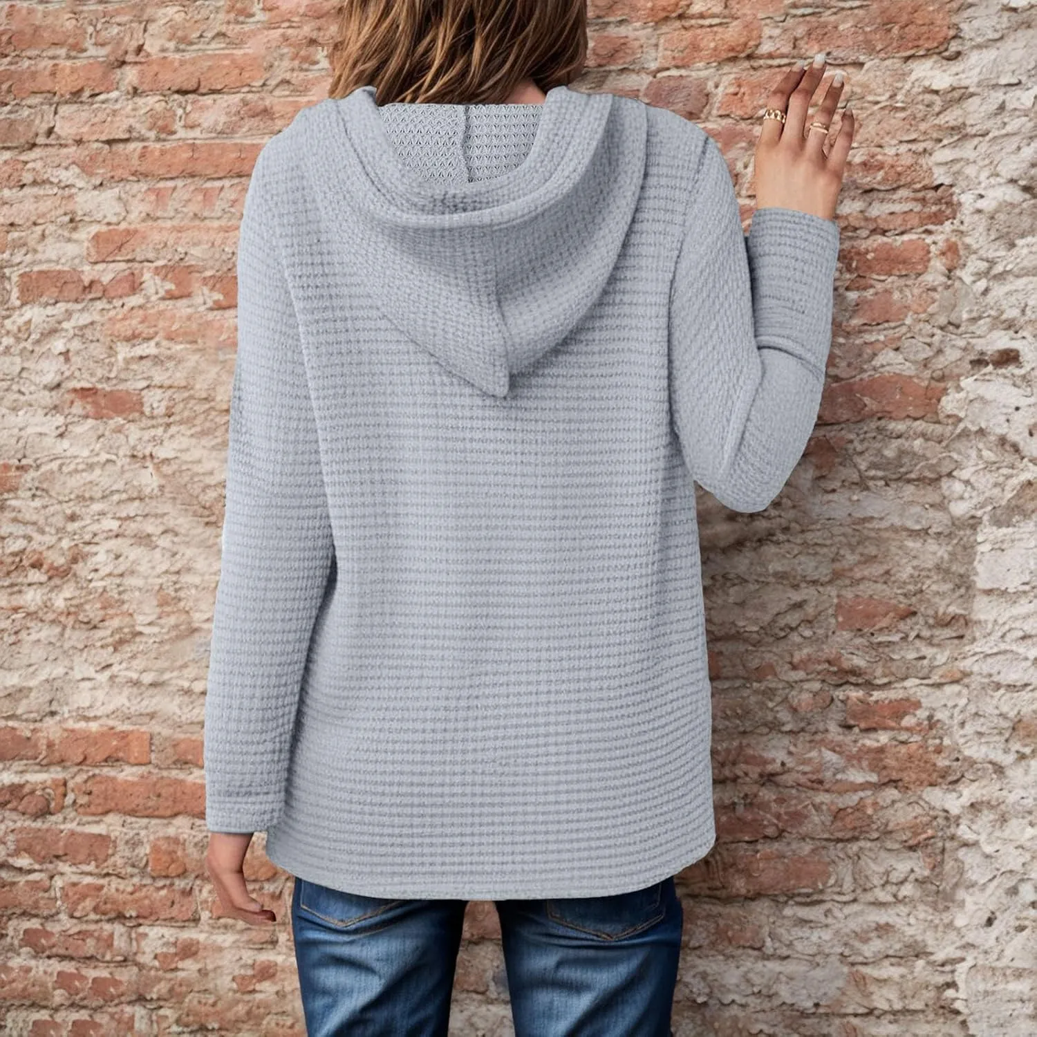 Women's Hoodies Waffle Knit Tops Drawstring Hoodie Casual Button V Neck Long Sleeve Hooded Sweatshirt Pullover