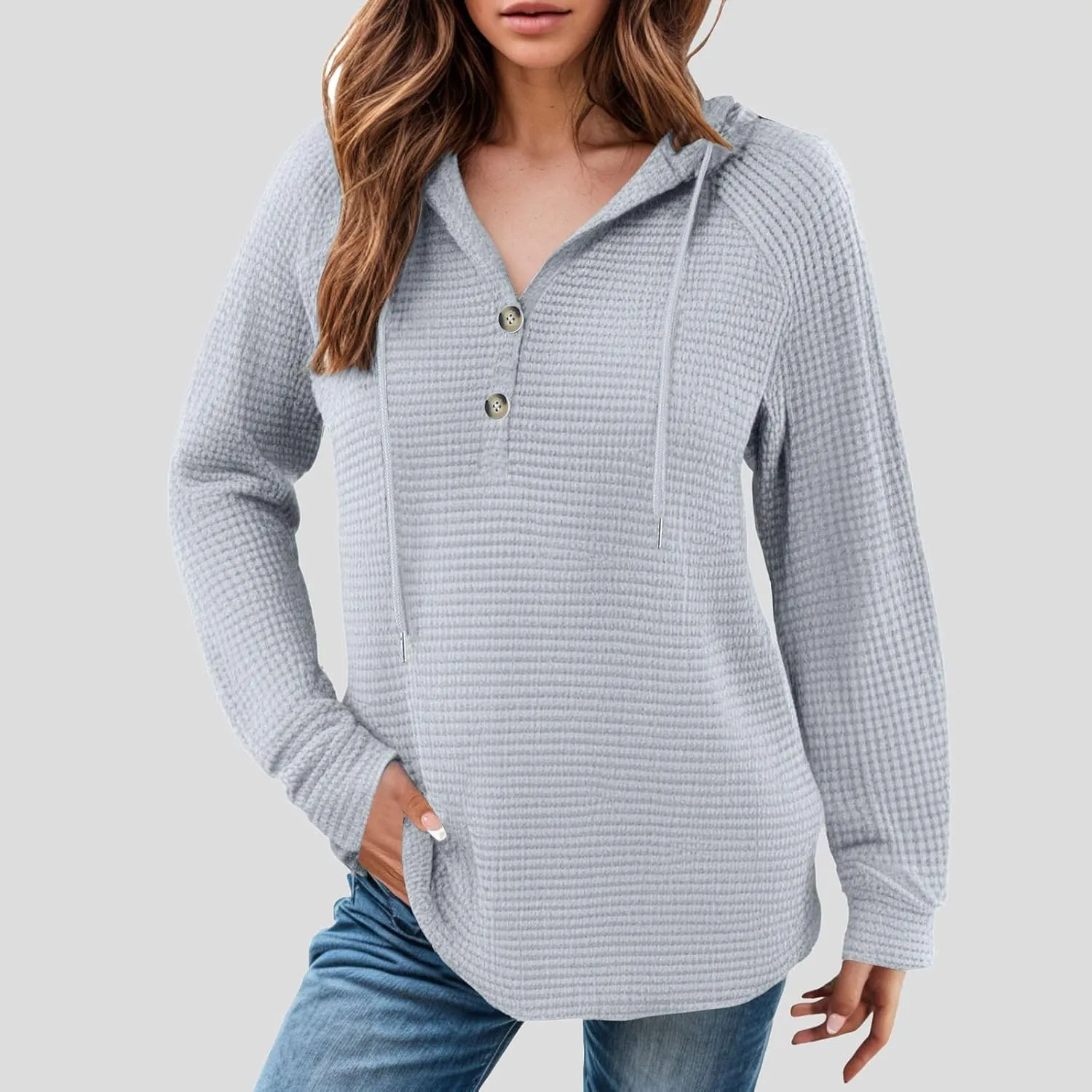 Women's Hoodies Waffle Knit Tops Drawstring Hoodie Casual Button V Neck Long Sleeve Hooded Sweatshirt Pullover
