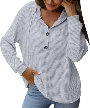 Women's Hoodies Waffle Knit Tops Drawstring Hoodie Casual Button V Neck Long Sleeve Hooded Sweatshirt Pullover