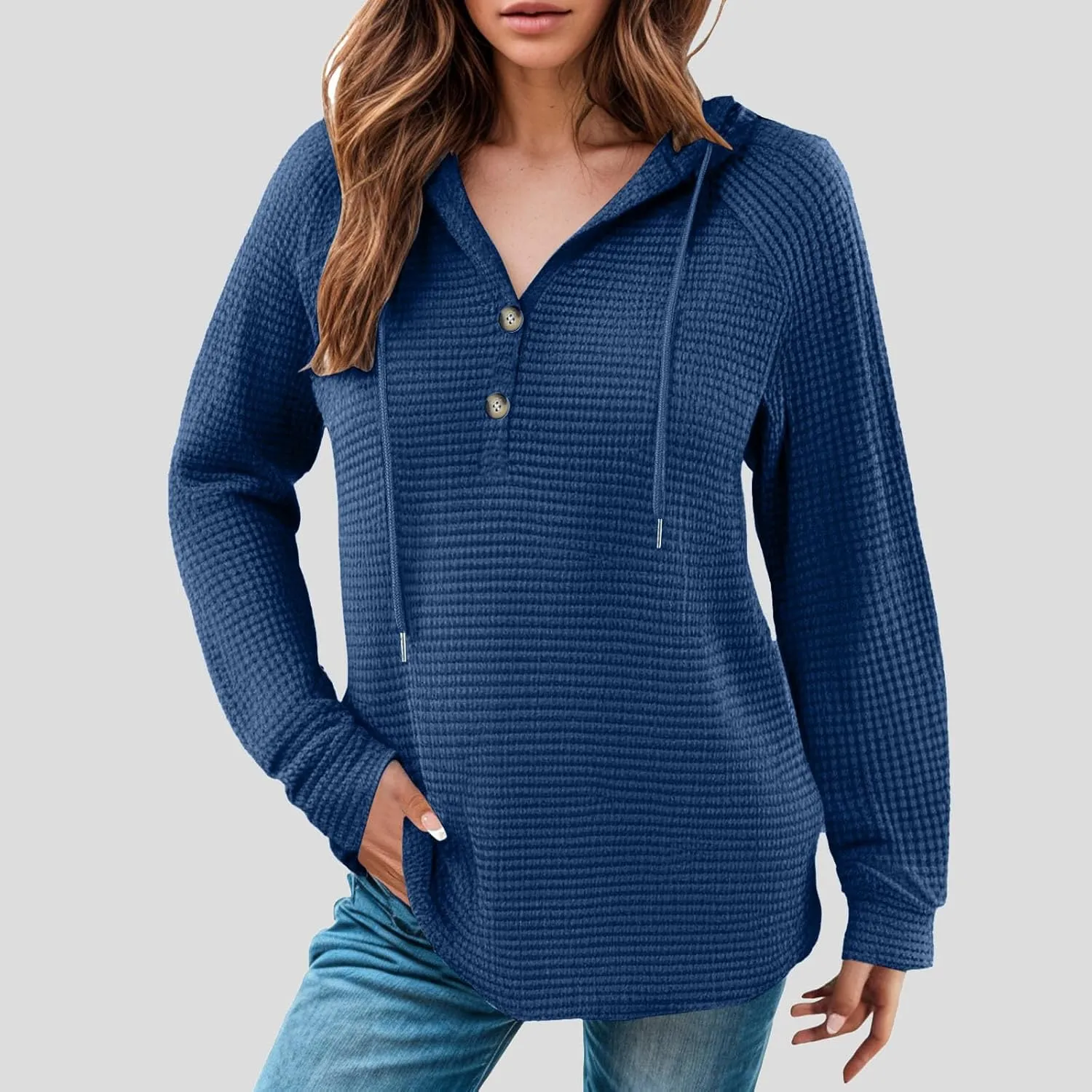 Women's Hoodies Waffle Knit Tops Drawstring Hoodie Casual Button V Neck Long Sleeve Hooded Sweatshirt Pullover