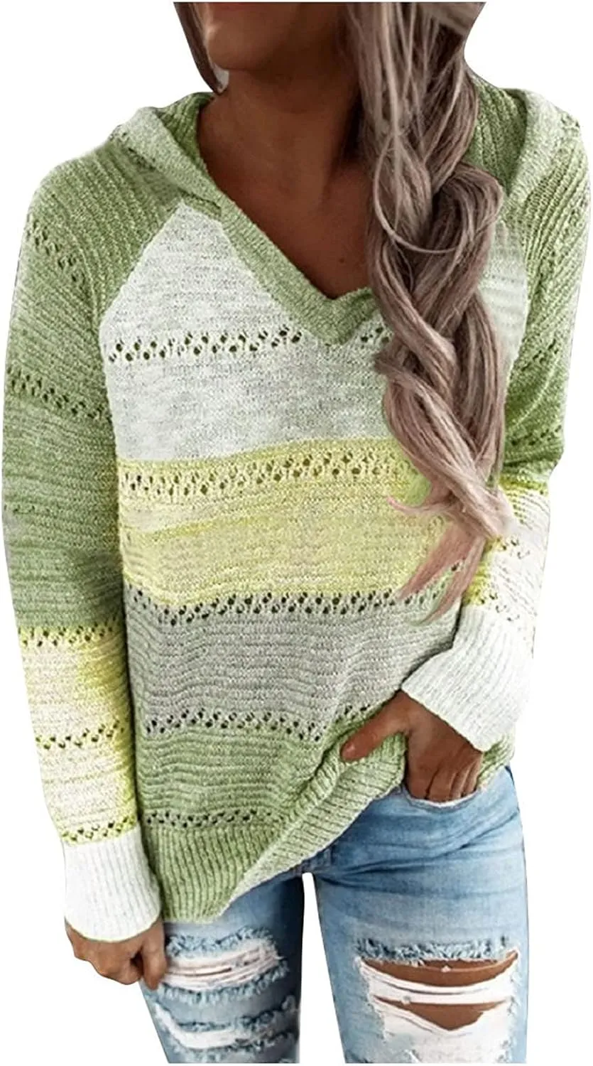 Womens Lightweight Color Block Hooded Sweaters Drawstring Hoodies Pullover Sweatshirts Long Sleeve Zip Up Hoodies