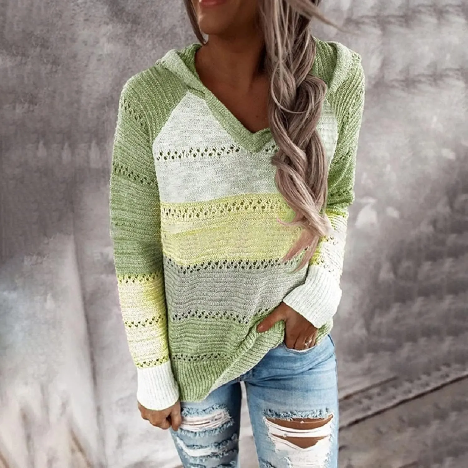 Womens Lightweight Color Block Hooded Sweaters Drawstring Hoodies Pullover Sweatshirts Long Sleeve Zip Up Hoodies