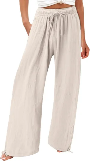 Women's Linen Blend Summer Boho Palazzo Pants Low Waist Lounge Pants Slim Fit Palazzo Lounge Pants Vacation