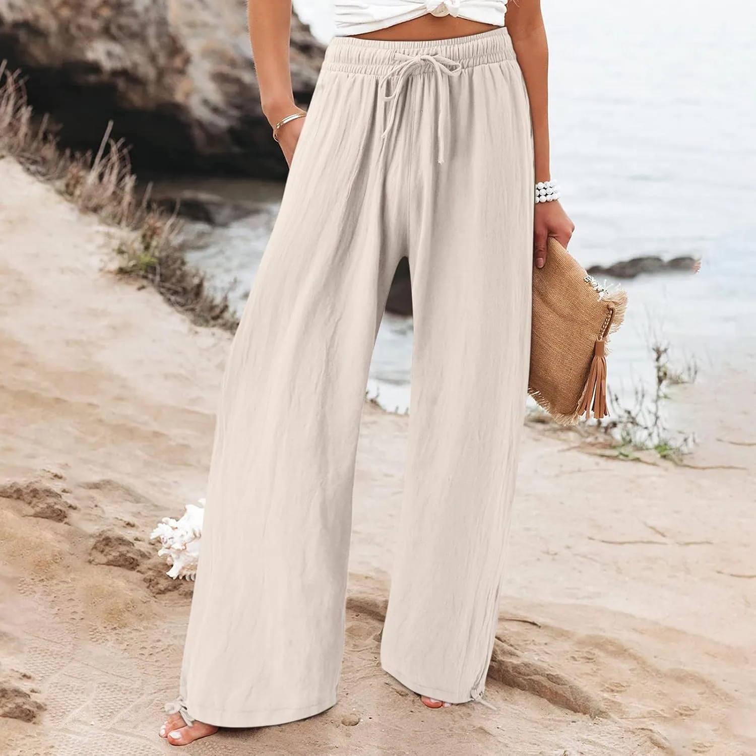 Women's Linen Blend Summer Boho Palazzo Pants Low Waist Lounge Pants Slim Fit Palazzo Lounge Pants Vacation