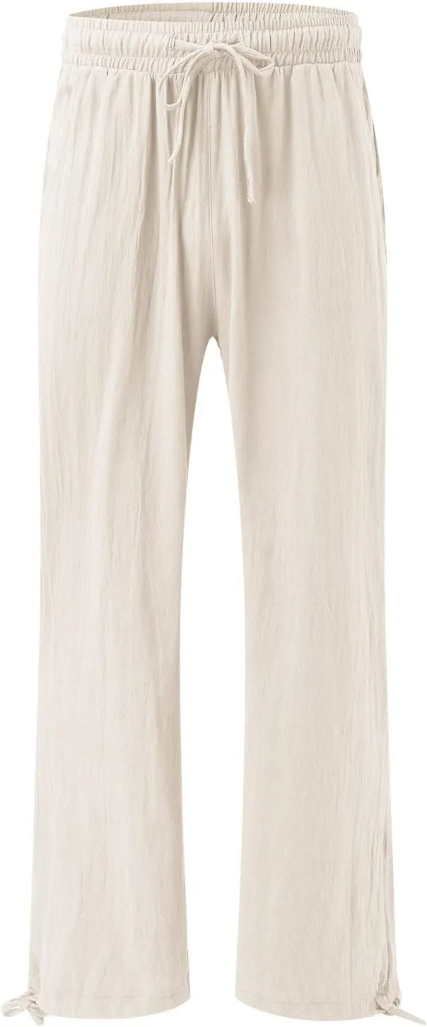 Women's Linen Blend Summer Boho Palazzo Pants Low Waist Lounge Pants Slim Fit Palazzo Lounge Pants Vacation