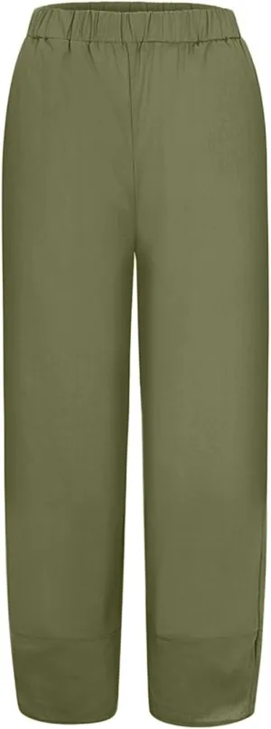 Women's Linen Blend Summer Boho Pants Elastic Waist Wide Leg Slim-Fit Trouser Business Work