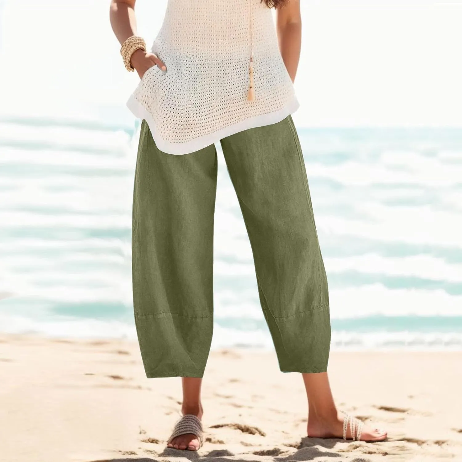 Women's Linen Blend Summer Boho Pants Elastic Waist Wide Leg Slim-Fit Trouser Business Work