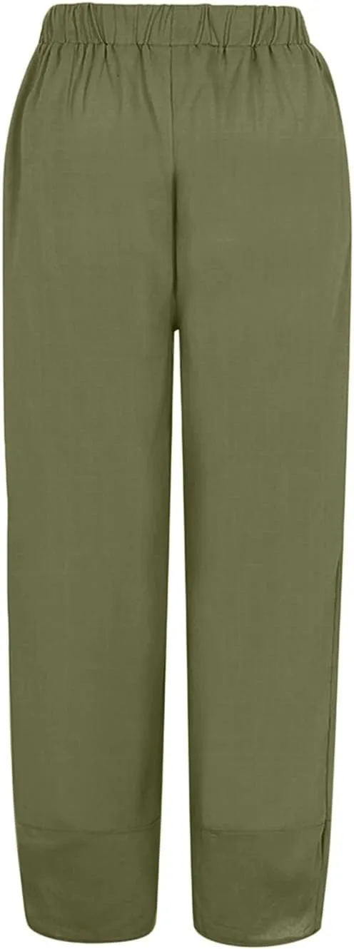 Women's Linen Blend Summer Boho Pants Elastic Waist Wide Leg Slim-Fit Trouser Business Work
