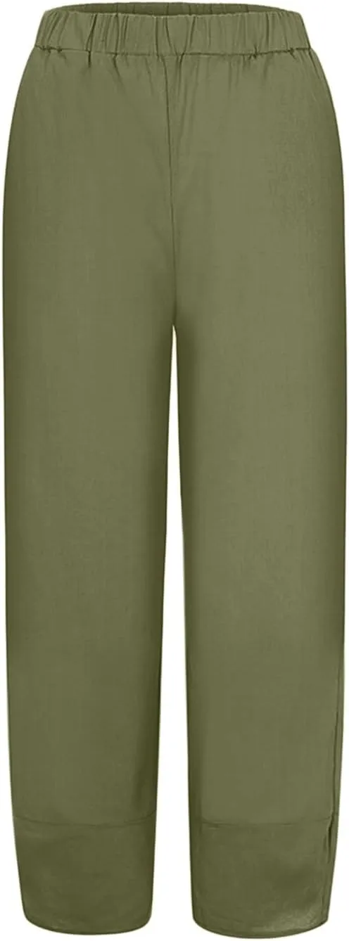 Women's Linen Blend Summer Boho Pants Elastic Waist Wide Leg Slim-Fit Trouser Business Work