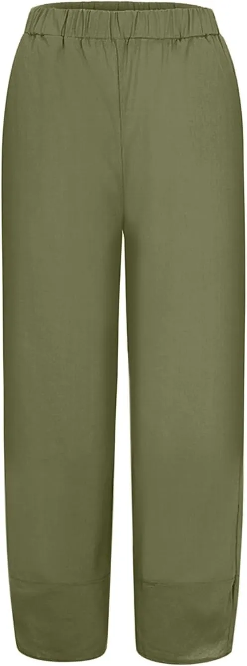 Women's Linen Blend Summer Boho Pants Elastic Waist Wide Leg Slim-Fit Trouser Business Work