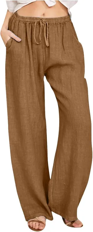 Women's Linen Blend Summer Cropped Palazzo Pants High Waist Lounge Pants Loose Fit Palazzo Lounge Pants Beach