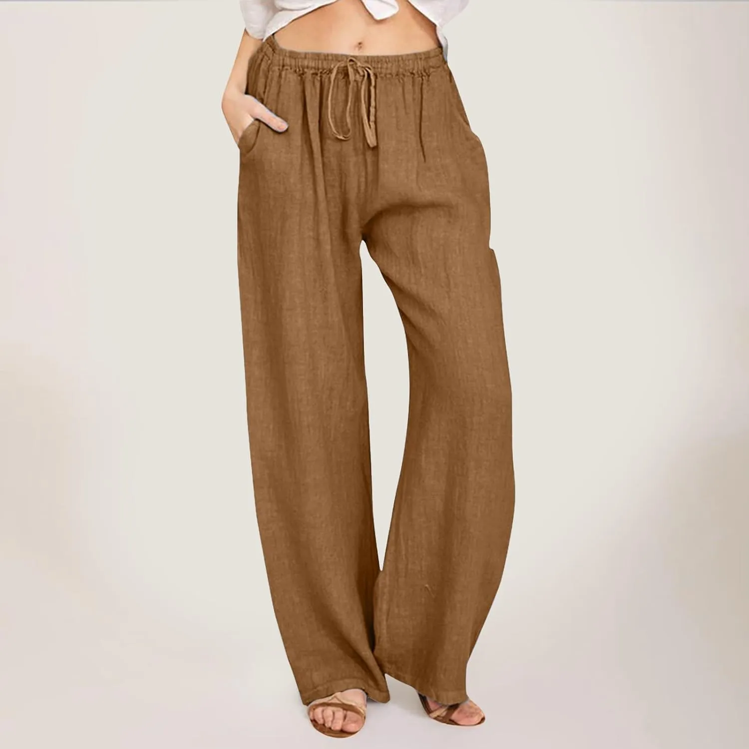 Women's Linen Blend Summer Cropped Palazzo Pants High Waist Lounge Pants Loose Fit Palazzo Lounge Pants Beach