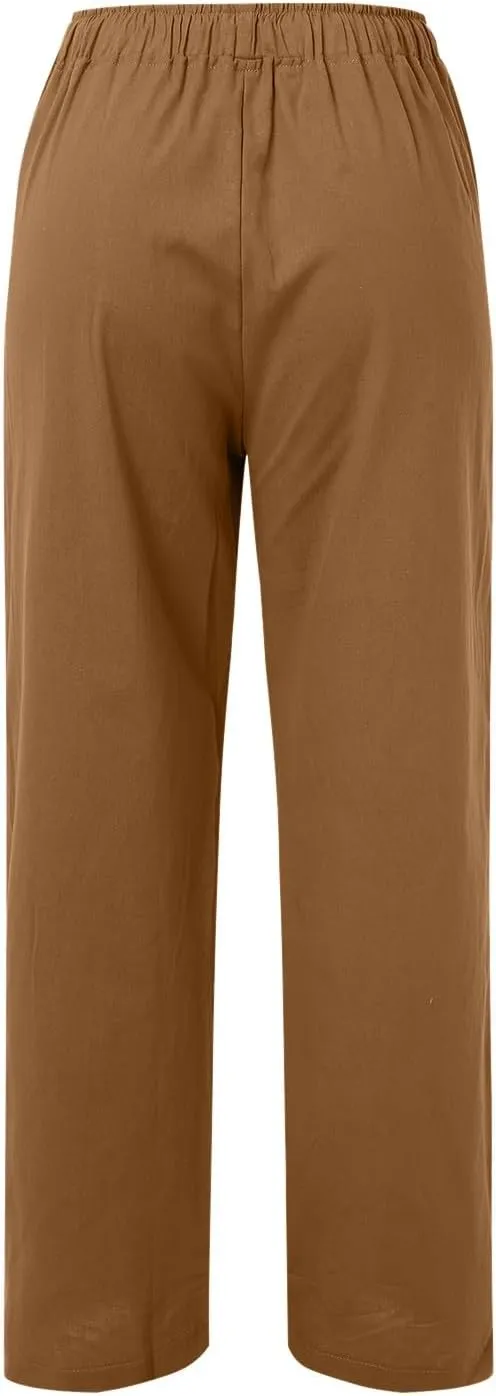 Women's Linen Blend Summer Cropped Palazzo Pants High Waist Lounge Pants Loose Fit Palazzo Lounge Pants Beach