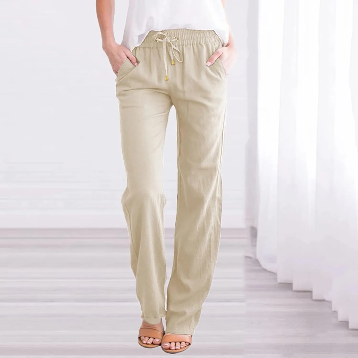 Womens Linen Blend Summer Palazzo Palazzo Pants Elastic Waisted Bootcut Slim-Fit Pants Trendy