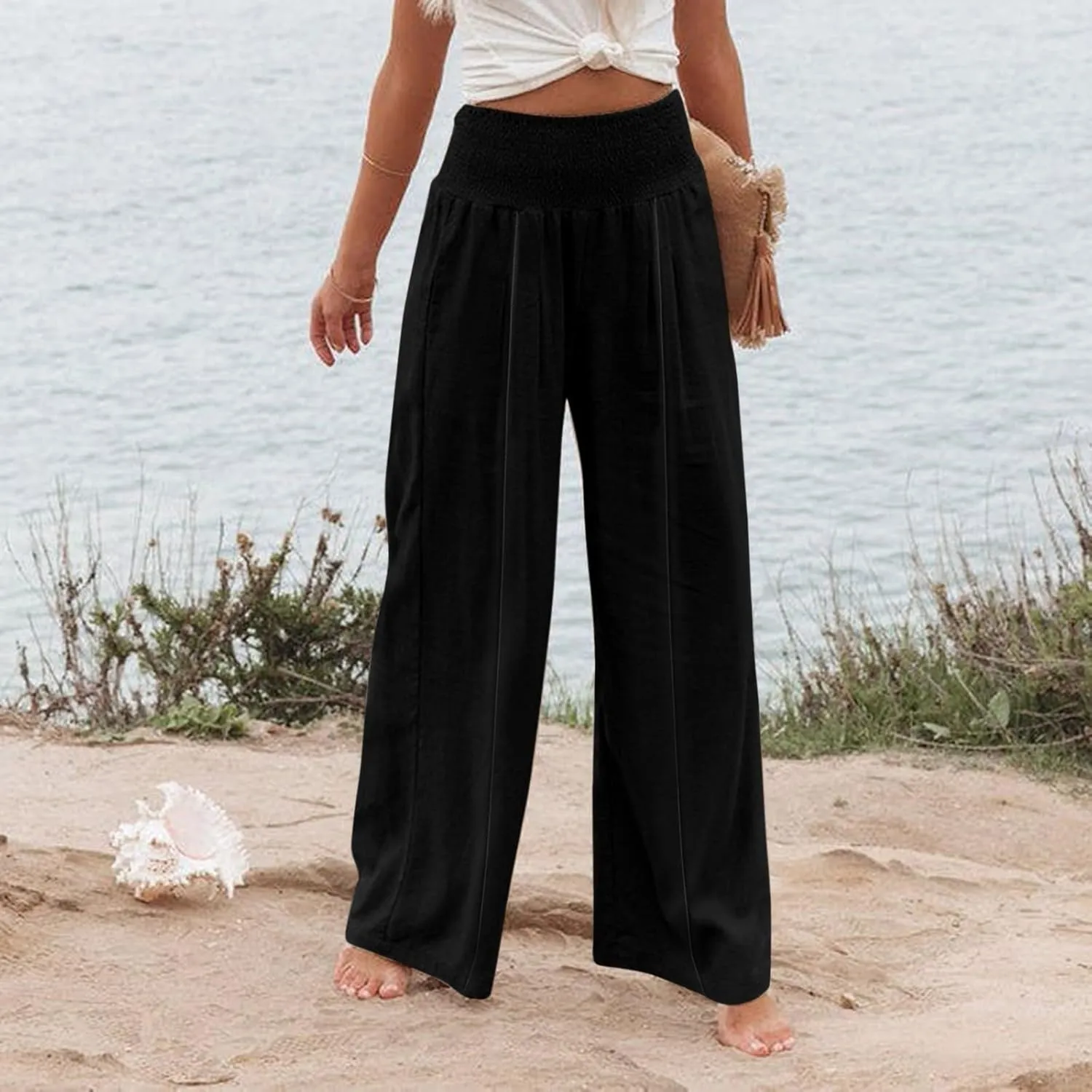 Women's Linen Blend Summer Palazzo Palazzo Pants High Waist Straight Slim Fit Pants Business Work