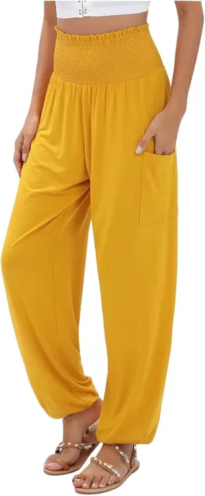 Womens Linen Blend Summer Split Flowy Pant Trousers Elastic Waist Long Lounge Loose Fit Palazzo Lounge Pants Office