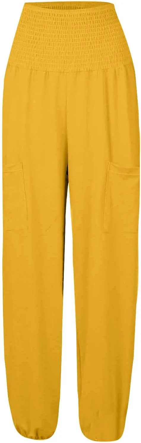 Womens Linen Blend Summer Split Flowy Pant Trousers Elastic Waist Long Lounge Loose Fit Palazzo Lounge Pants Office