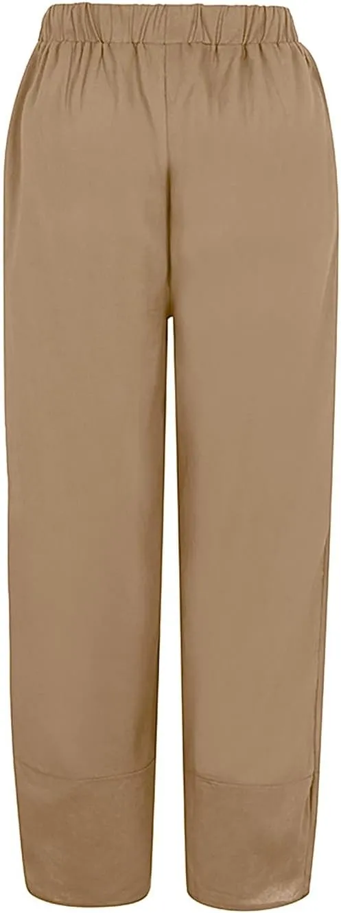 Women's Linen Blend Summer Split Flowy Pant Trousers High Waist Lounge Pants Slim-Fit Pant Trousers Vacation