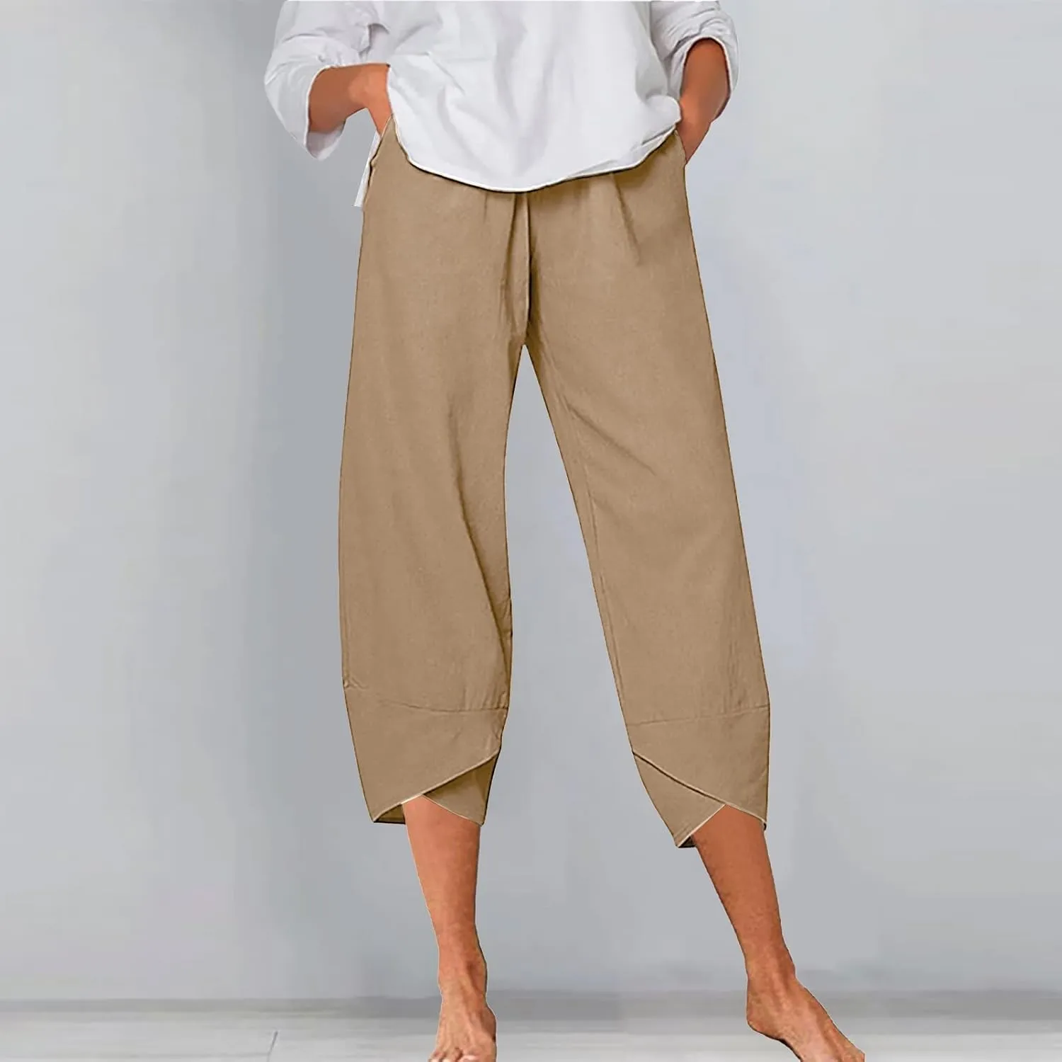 Women's Linen Blend Summer Split Flowy Pant Trousers High Waist Lounge Pants Slim-Fit Pant Trousers Vacation
