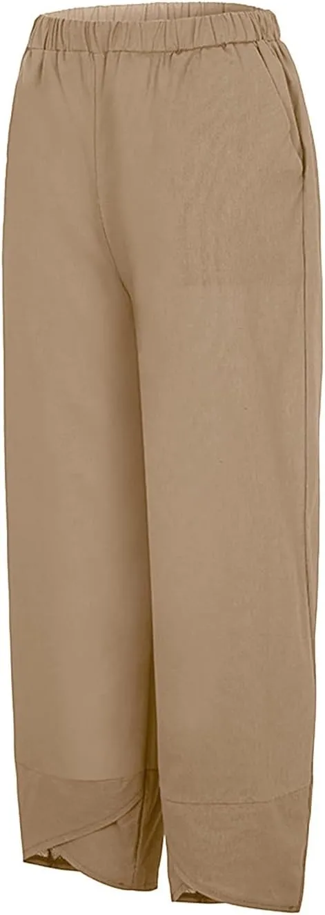 Women's Linen Blend Summer Split Flowy Pant Trousers High Waist Lounge Pants Slim-Fit Pant Trousers Vacation