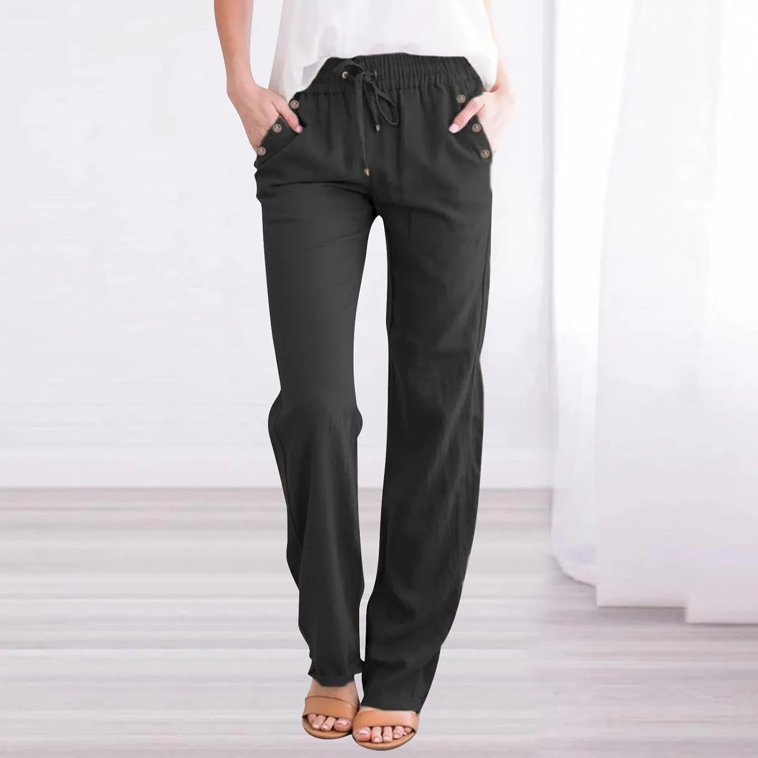 Womens Linen Blend Summer Y2K Fashion Palazzo Lounge Pants Elastic Waist Stretchy Slim Fit Trouser Business Work
