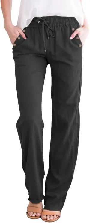 Womens Linen Blend Summer Y2K Fashion Palazzo Lounge Pants Elastic Waist Stretchy Slim Fit Trouser Business Work