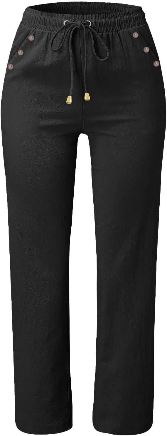 Womens Linen Blend Summer Y2K Fashion Palazzo Lounge Pants Elastic Waist Stretchy Slim Fit Trouser Business Work