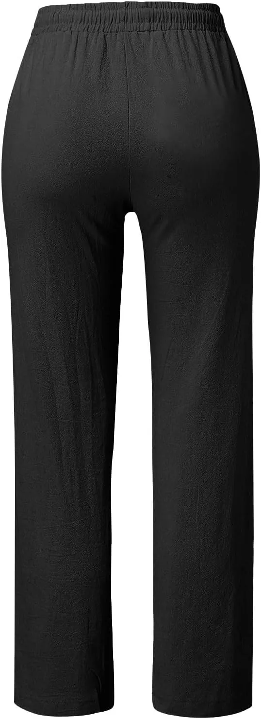 Womens Linen Blend Summer Y2K Fashion Palazzo Lounge Pants Elastic Waist Stretchy Slim Fit Trouser Business Work