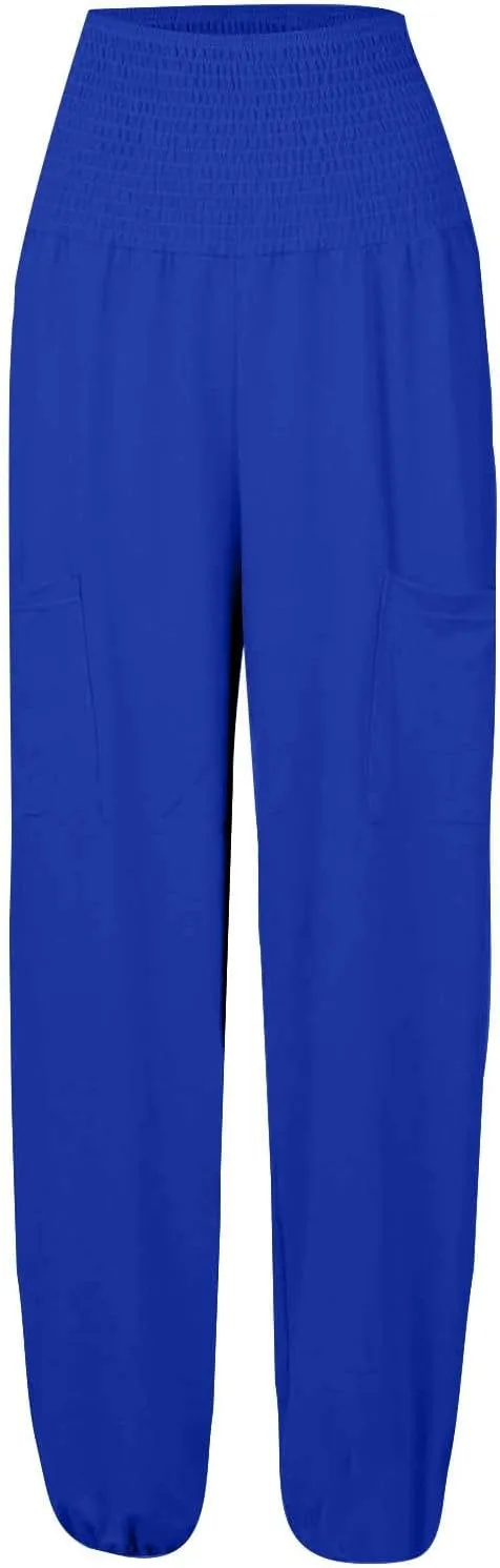 Womens Linen Summer Casual Palazzo Pants Elastic Waisted Baggy Stretchy Loose Fit Trouser Travel