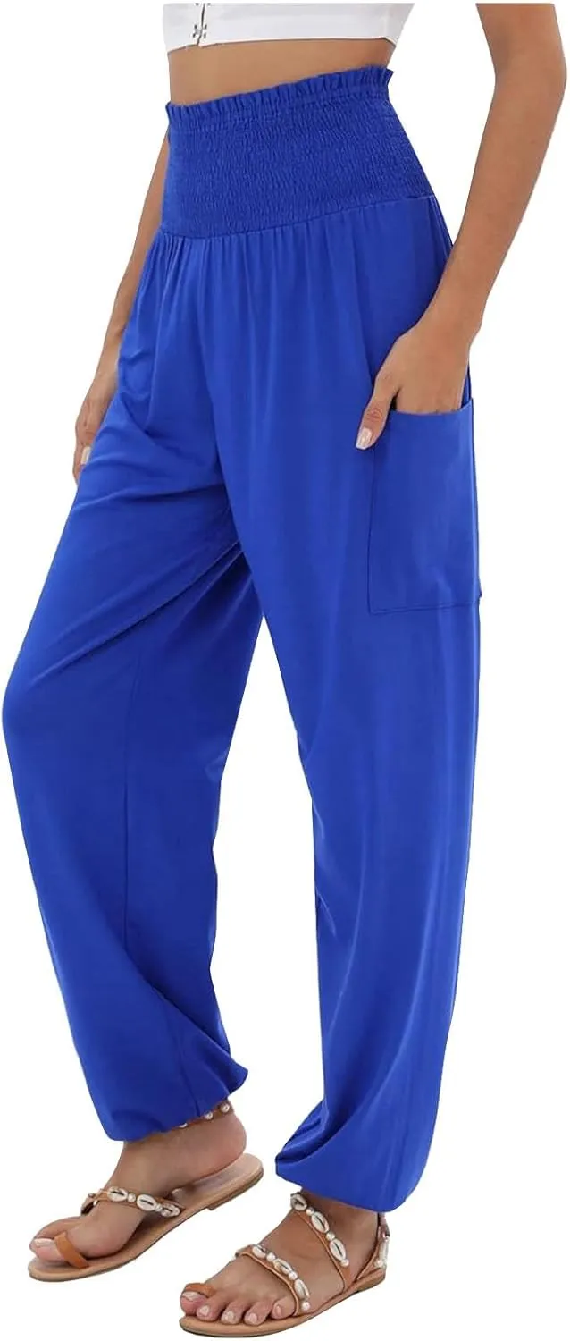 Womens Linen Summer Casual Palazzo Pants Elastic Waisted Baggy Stretchy Loose Fit Trouser Travel
