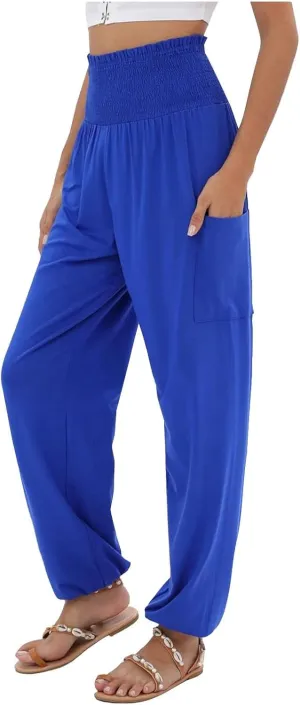 Womens Linen Summer Casual Palazzo Pants Elastic Waisted Baggy Stretchy Loose Fit Trouser Travel