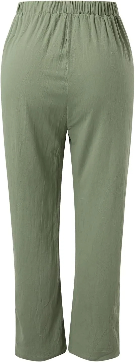 Women's Linen Summer Floral Pant Trousers Elastic Waist Wide Leg Slim-Fit Palazzo Pants Work Business