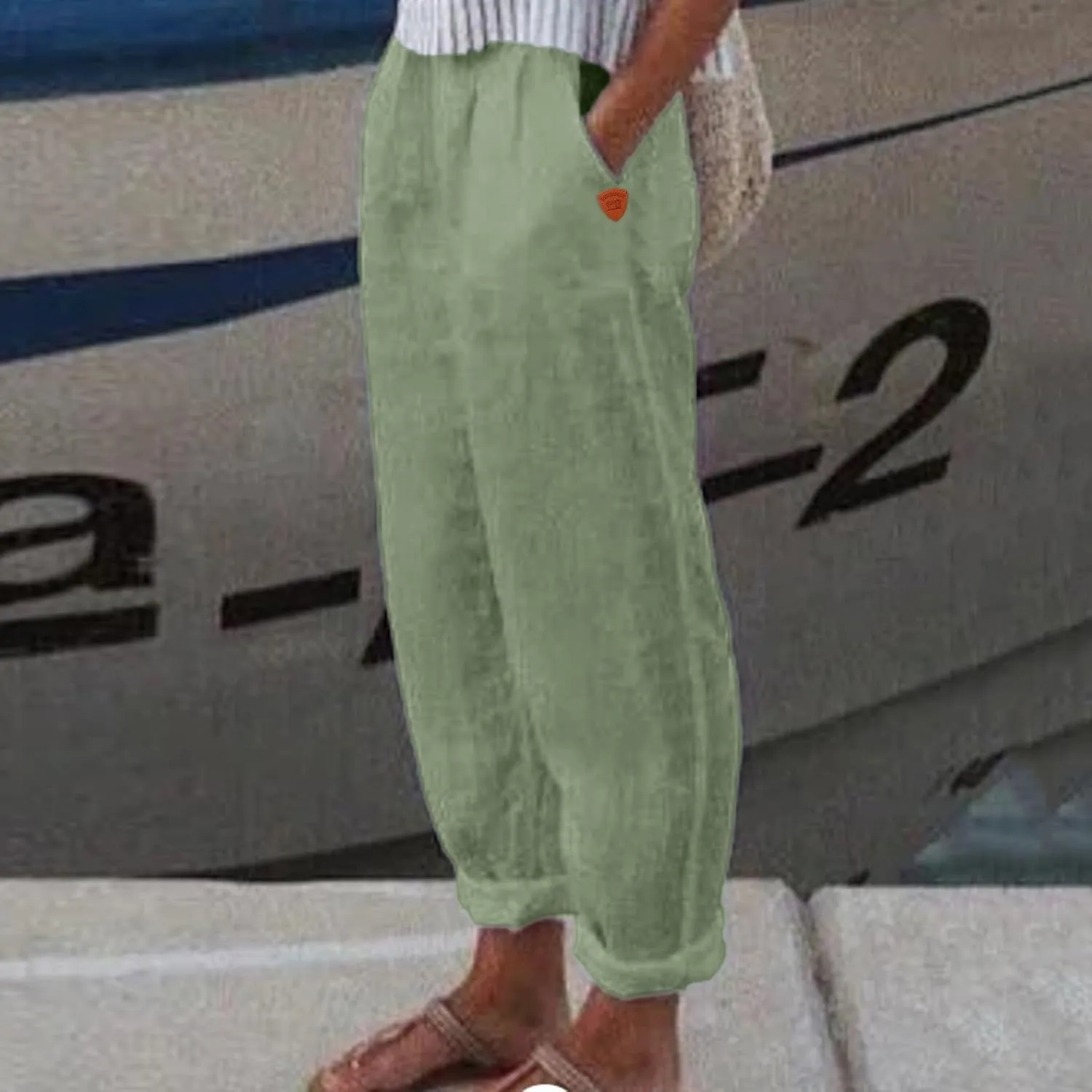 Women's Linen Summer Floral Pant Trousers Elastic Waist Wide Leg Slim-Fit Palazzo Pants Work Business