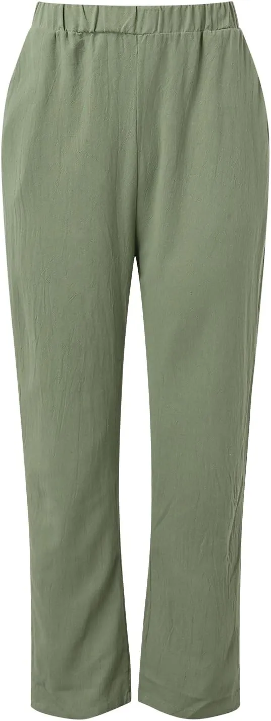 Women's Linen Summer Floral Pant Trousers Elastic Waist Wide Leg Slim-Fit Palazzo Pants Work Business