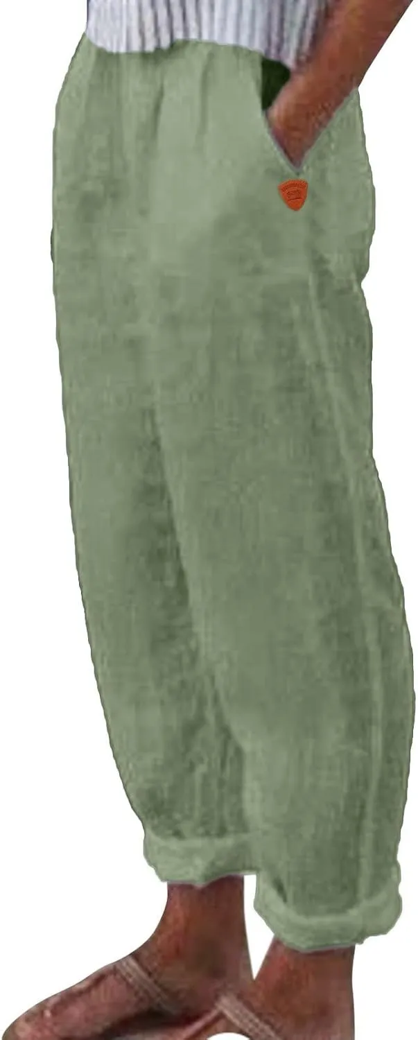 Women's Linen Summer Floral Pant Trousers Elastic Waist Wide Leg Slim-Fit Palazzo Pants Work Business