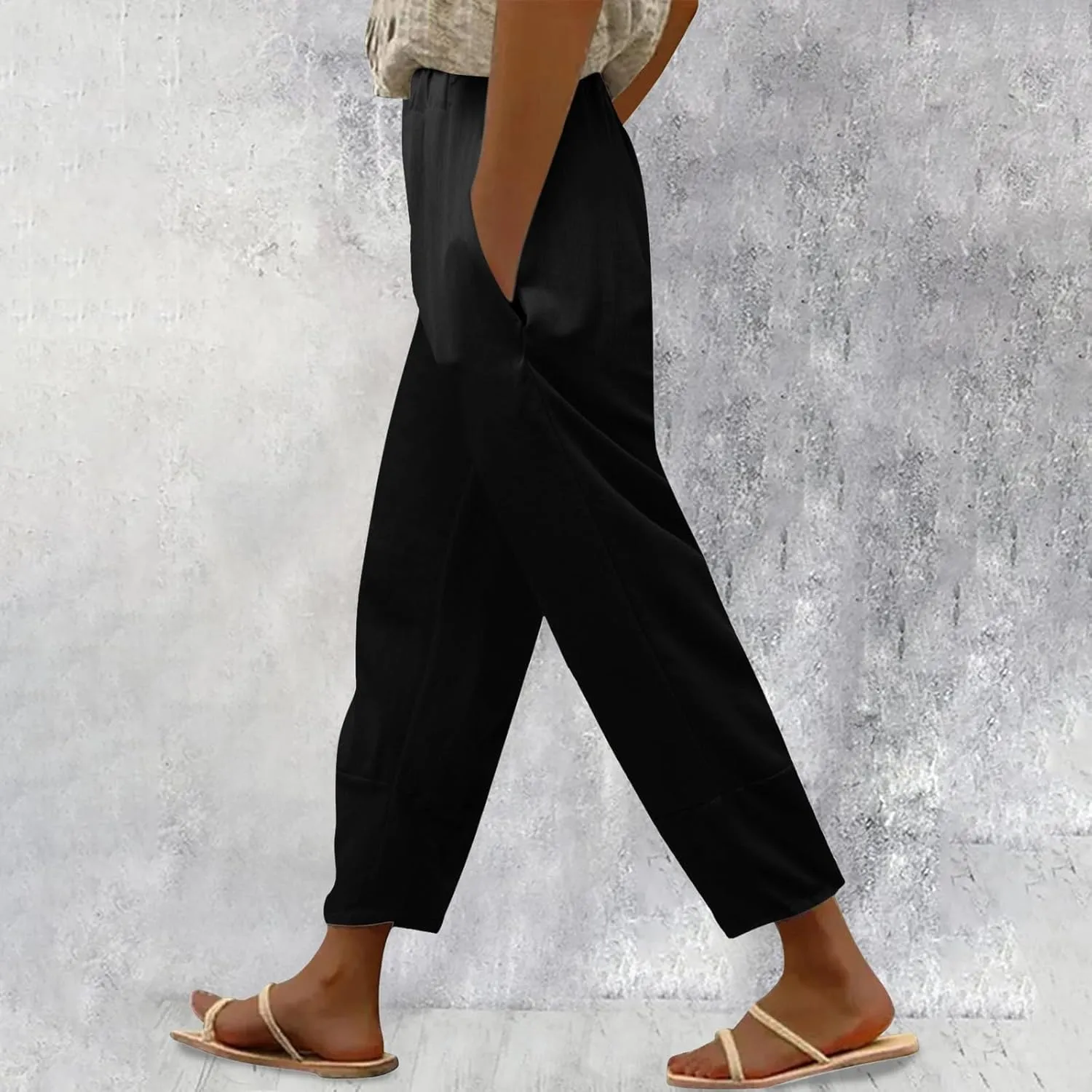 Women's Linen Summer Solid Palazzo Lounge Pants Low Waist Wide Leg Plus Size Trousers Travel