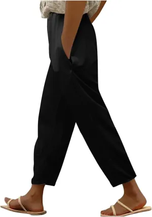 Women's Linen Summer Solid Palazzo Lounge Pants Low Waist Wide Leg Plus Size Trousers Travel