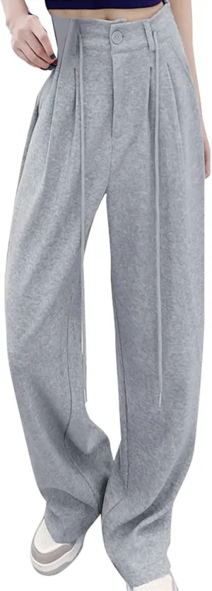 Women's Linen Summer Solid Pants Low Waist Straight Loose Fit Trousers Trendy