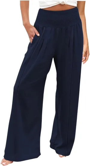 Womens Linen Summer Split Flowy Palazzo Lounge Pants Elastic Waisted Baggy Stretchy Loose Fit Palazzo Pants