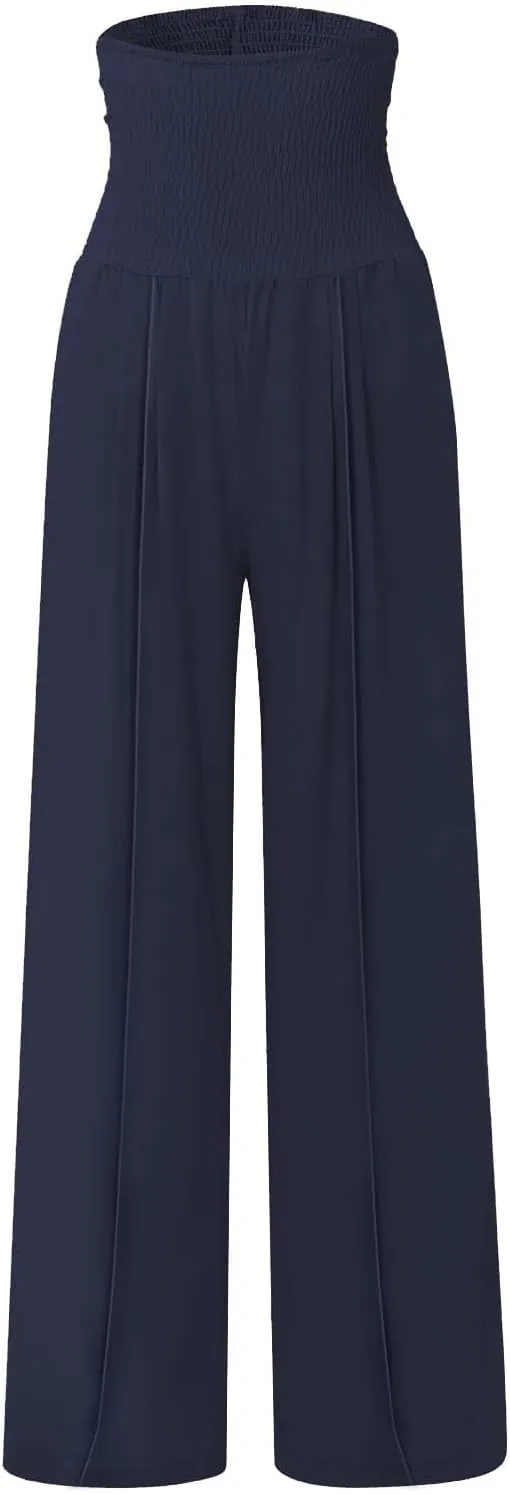 Womens Linen Summer Split Flowy Palazzo Lounge Pants Elastic Waisted Baggy Stretchy Loose Fit Palazzo Pants