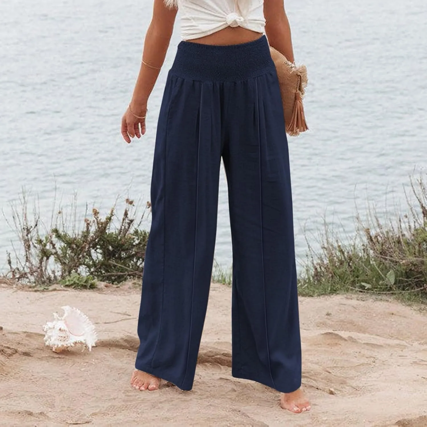 Womens Linen Summer Split Flowy Palazzo Lounge Pants Elastic Waisted Baggy Stretchy Loose Fit Palazzo Pants