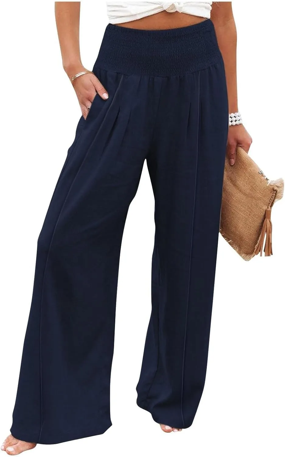 Womens Linen Summer Split Flowy Palazzo Lounge Pants Elastic Waisted Baggy Stretchy Loose Fit Palazzo Pants