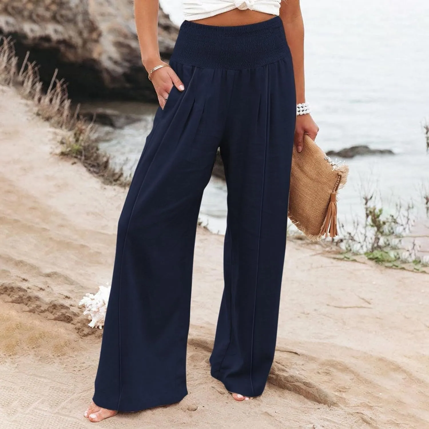 Womens Linen Summer Split Flowy Palazzo Lounge Pants Elastic Waisted Baggy Stretchy Loose Fit Palazzo Pants