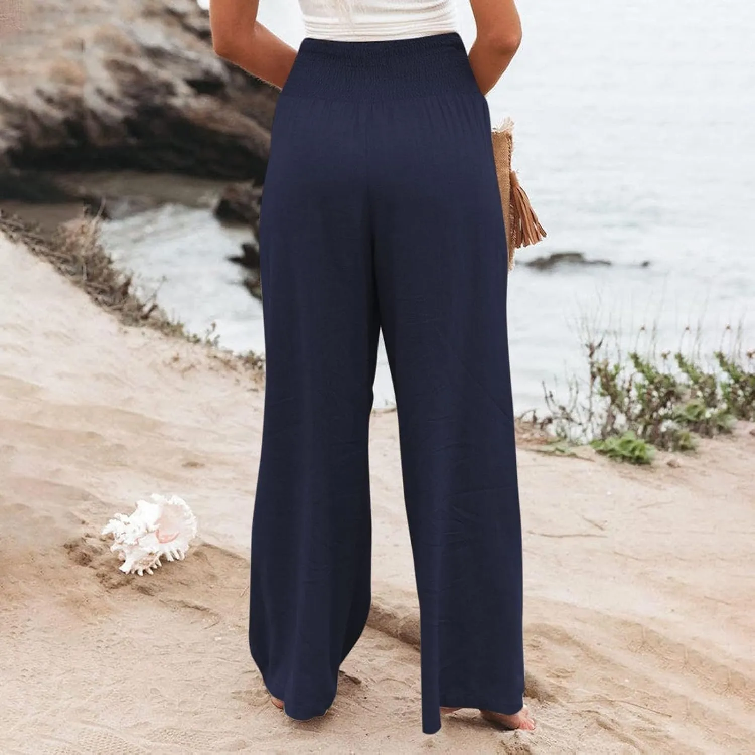 Womens Linen Summer Split Flowy Palazzo Lounge Pants Elastic Waisted Baggy Stretchy Loose Fit Palazzo Pants