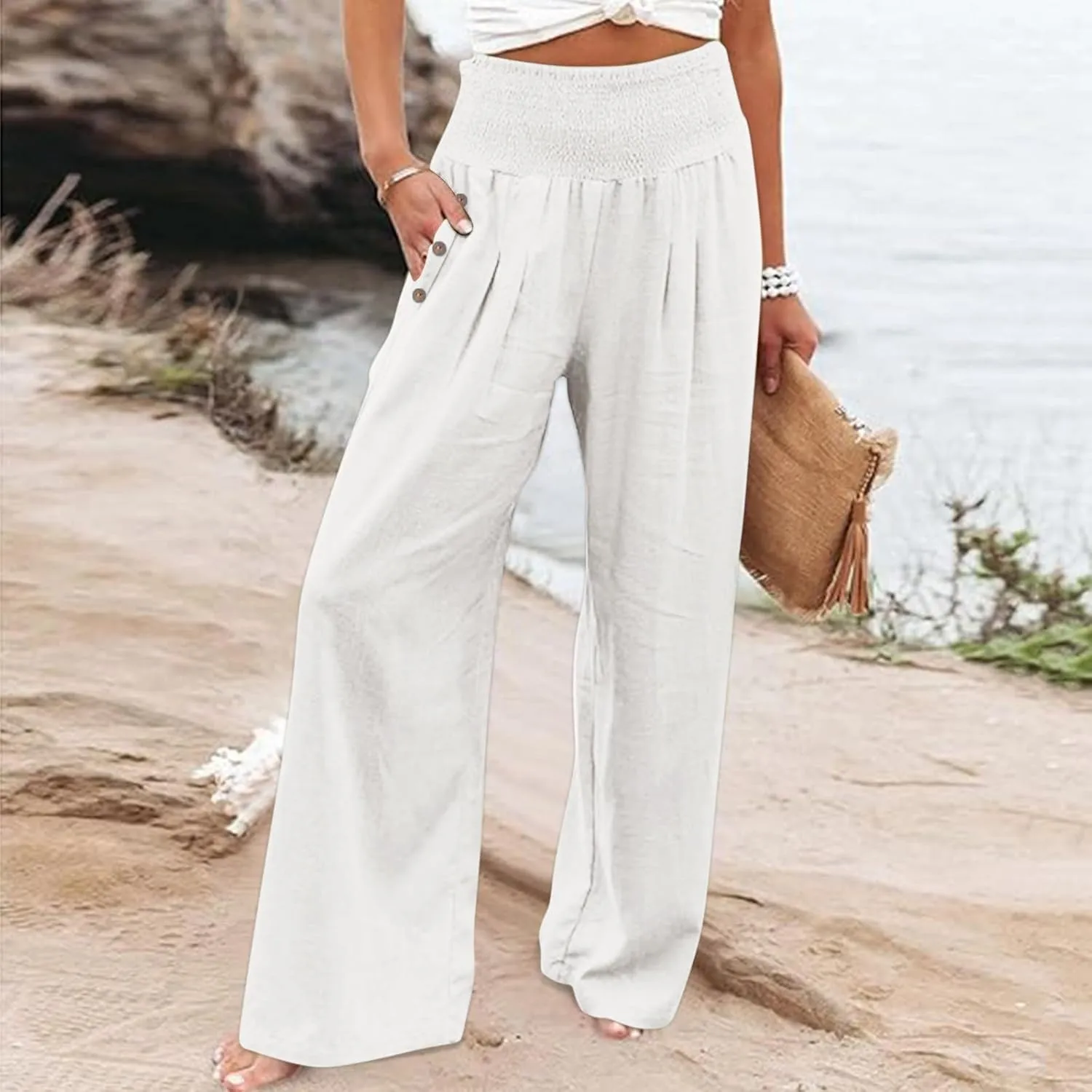 Womens Linen Summer Striped Palazzo Lounge Pants Low Waist Straight Loose Fit Trouser Trendy