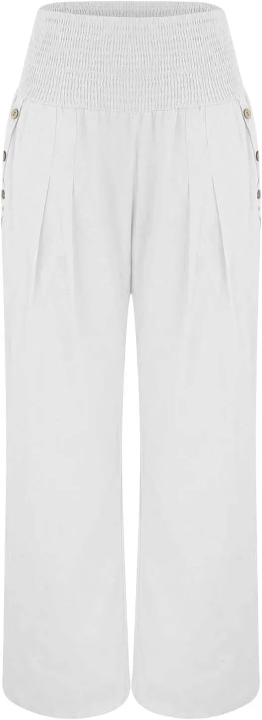 Womens Linen Summer Striped Palazzo Lounge Pants Low Waist Straight Loose Fit Trouser Trendy
